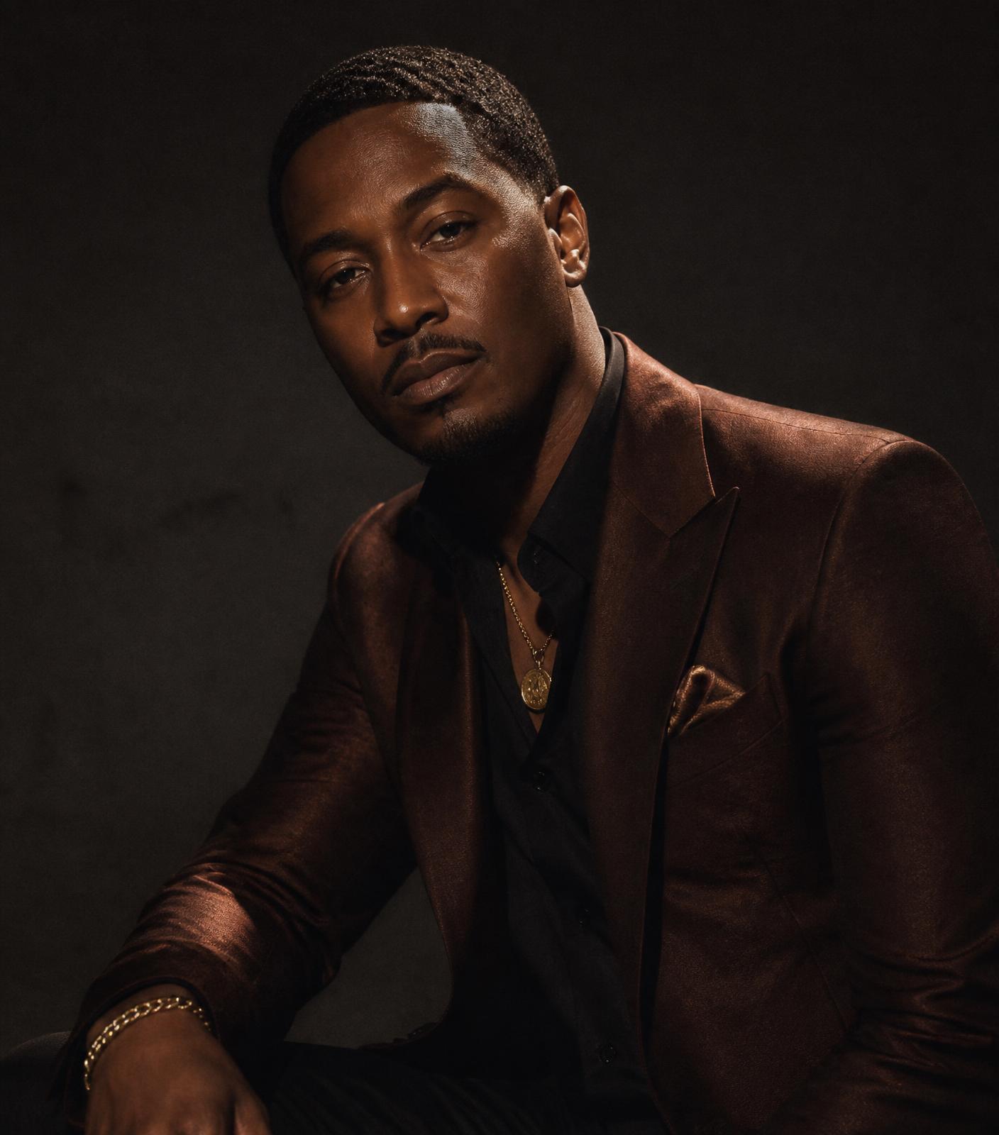 Editorial portrait of a soul singer in low bronze light