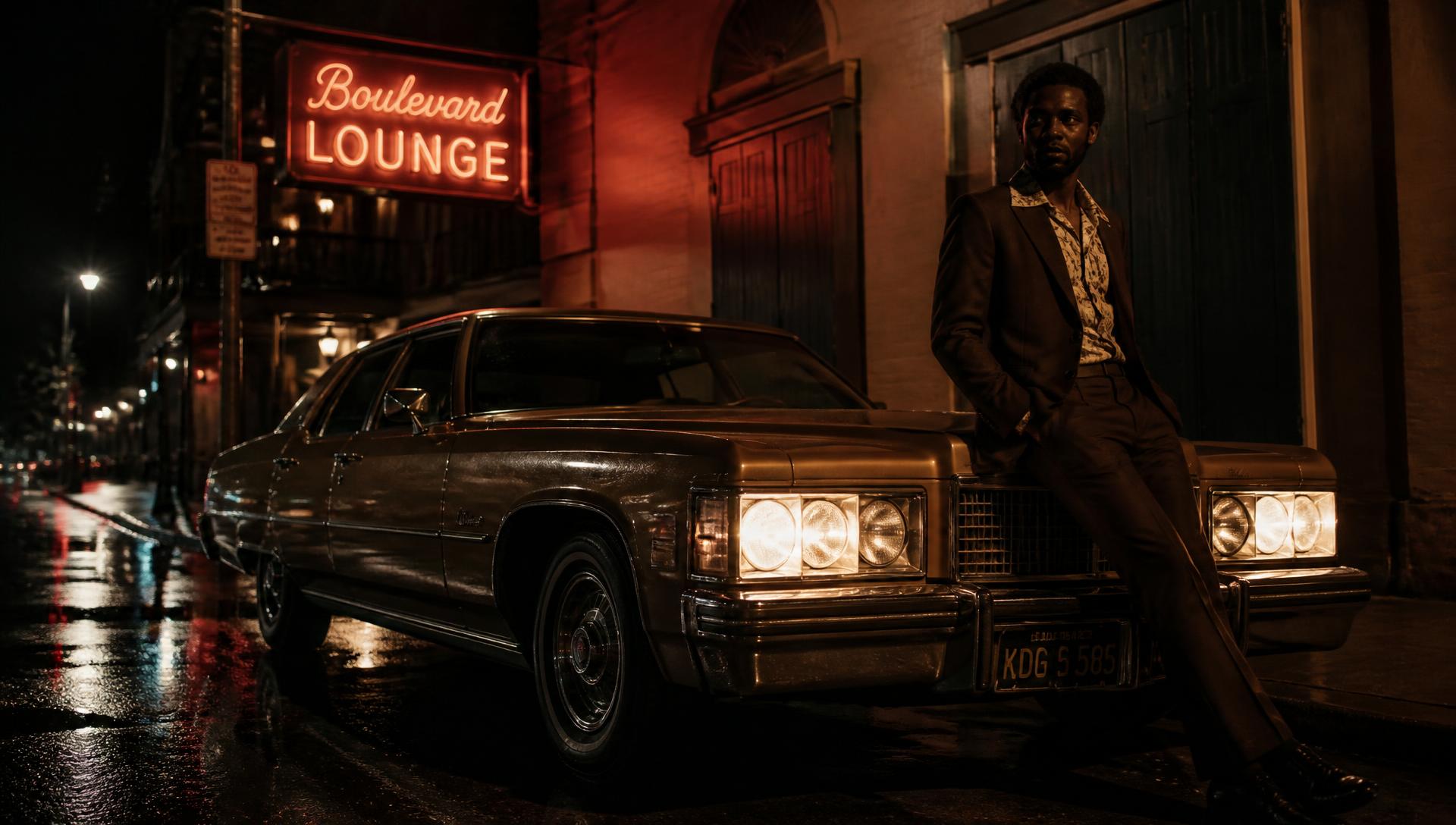 Classic automobile on a wet southern city street at night